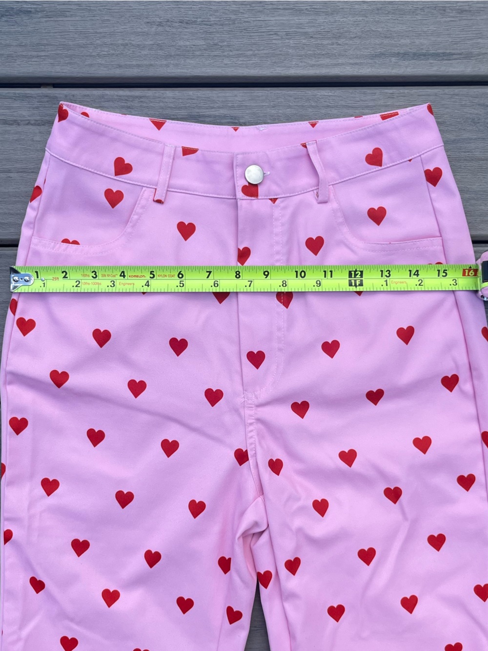 Cider; High Rise; Red Polka Dot Style Heart Print; Pink Flared Trousers; Small - Picture 4 of 10
